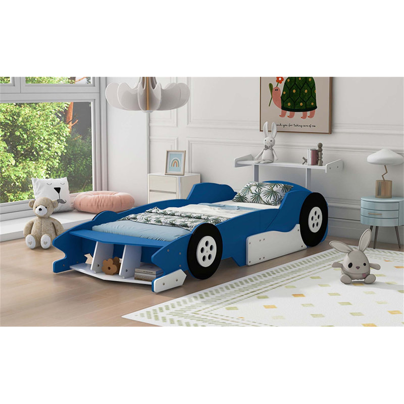 Lit plateforme simple en forme de voiture de course avec roues, bleu, Bleu