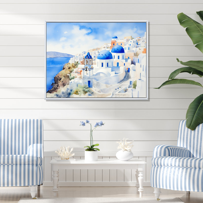 Grèce, Santorin, paysage I - Grèce, art mural, Cadre flottant blanc, H 30 po x l 40 po x P 1,5 po
