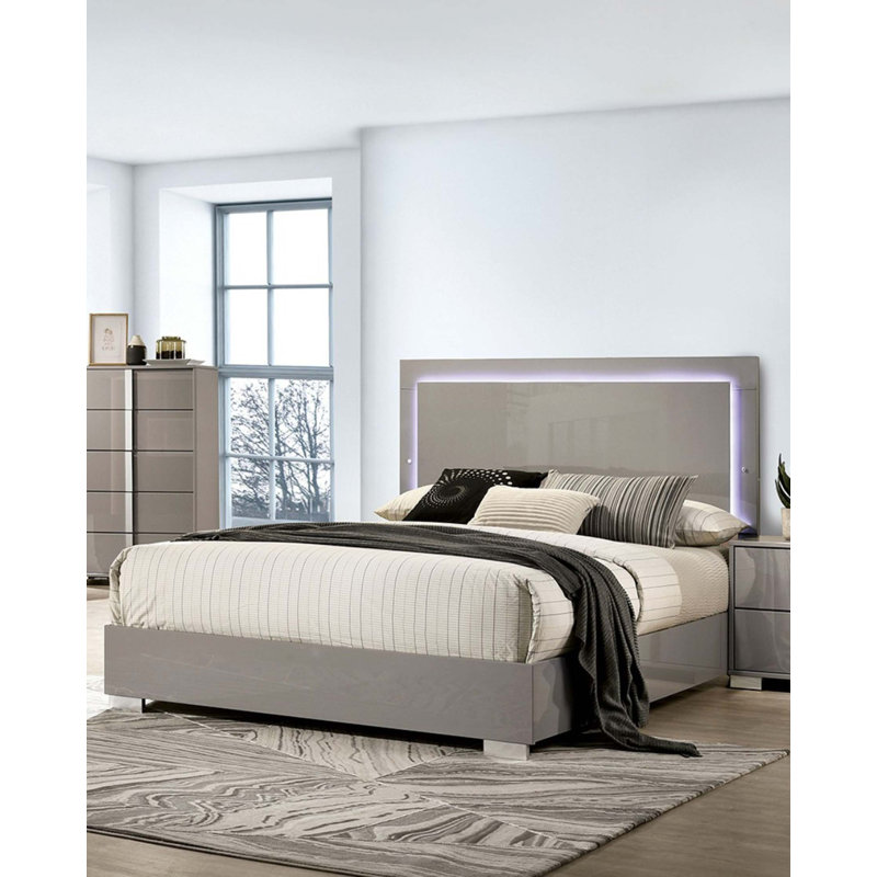 Grand lit contemporain avec tête de lit à DEL intégrée, Taupe, Grand lit