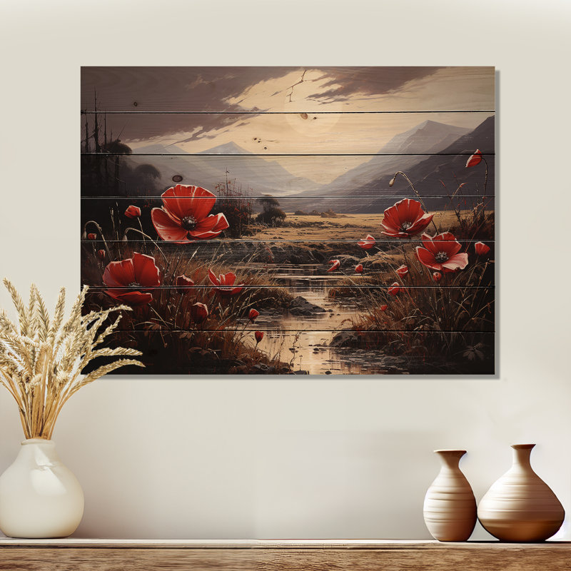 «Red Crimson Flower S Embrace», art mural en bois sur bois de pin naturel, H 10 po x l 20 po