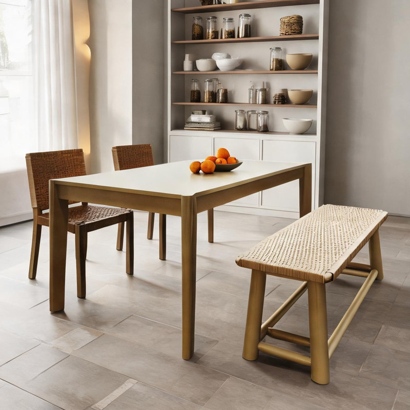 Ensemble de table de salle à manger extensible pour 4 à 8 personnes avec chaises en rotin, bois massif, finition or doux, qui s'étend de 59 à 73 pouces