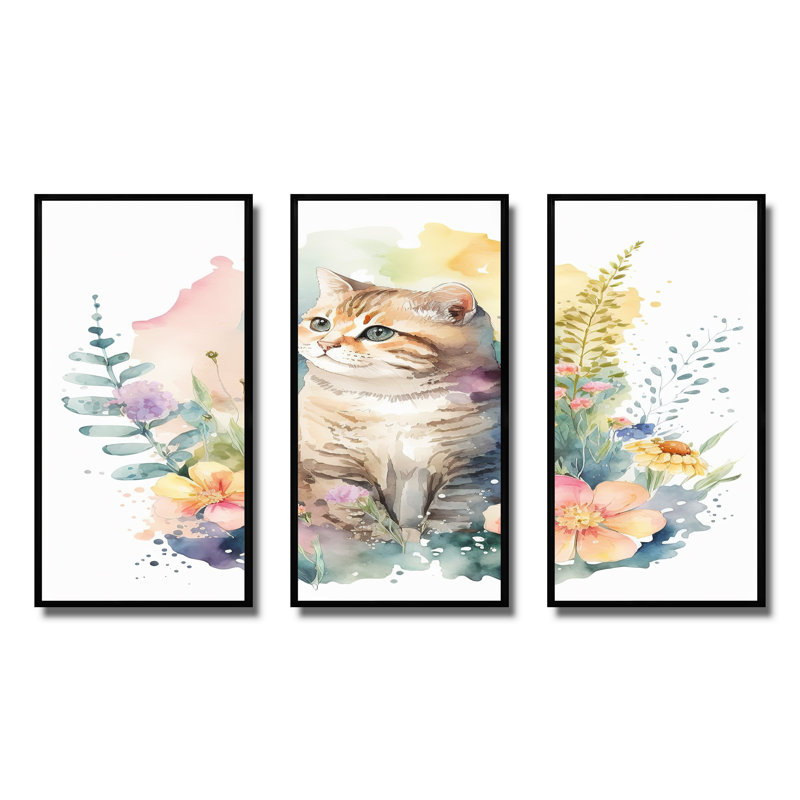 Petit chaton entouré de fleurs colorées I - animaux, art mural sur toile_80574, H 20 po x l 36 po x P 1 po