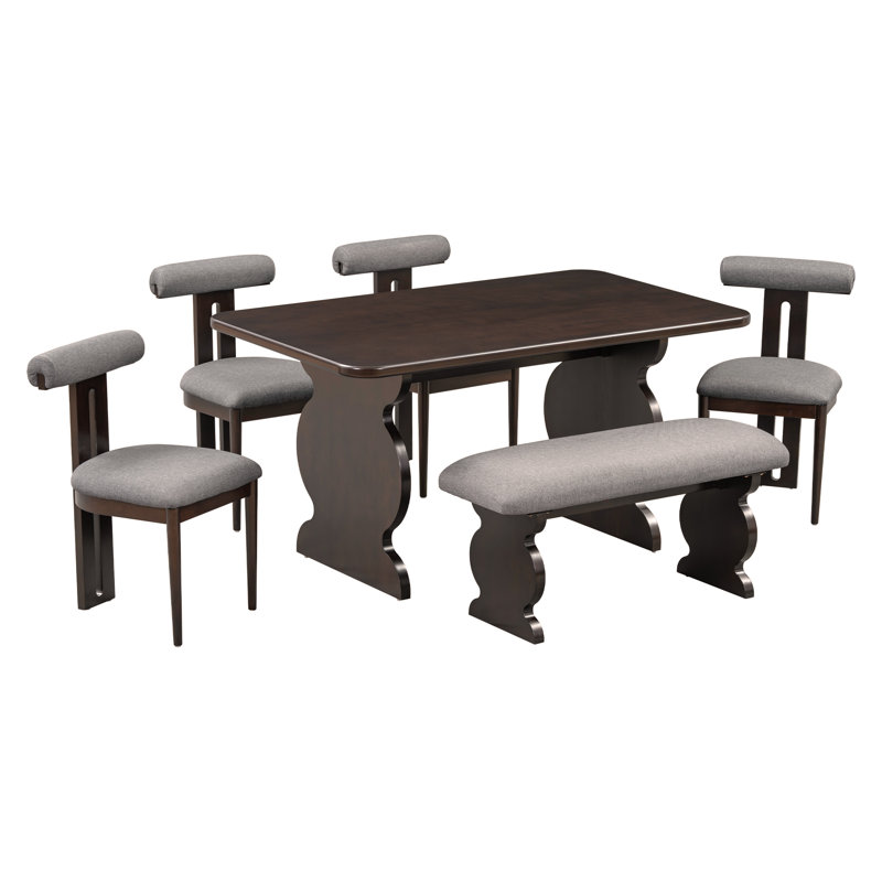 Ensemble de salle à manger 6 pièces, ensemble de table Mid-Century moderne pour 6 personnes avec 4 chaises et banc, Espresso
