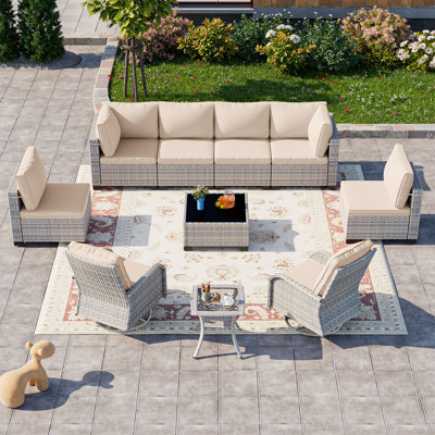10-Piece Patio Furniture Set, Outdoor Patio Furniture with Swivel Chairs Set, Thick Cushions, Modular Patio Sofa, Dual-Strand Wicker Rattan, Rust-Resistant Frame,