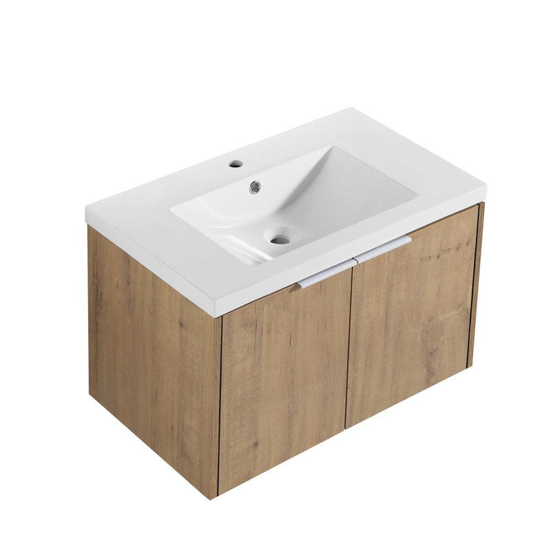 Meuble-lavabo à fermeture en douceur avec lavabo et grand espace de rangement, Chêne