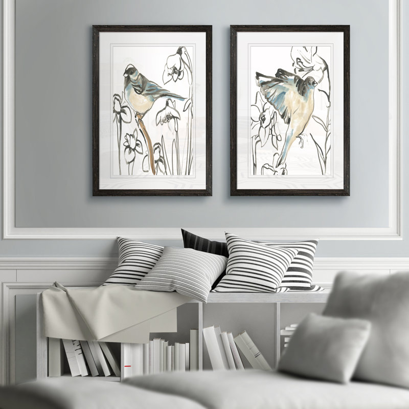 Songbird Meadow - ensemble de 2 peintures encadrées, H 20 po x l 16 po, Impression encadrée avec passe-partout, Ebony