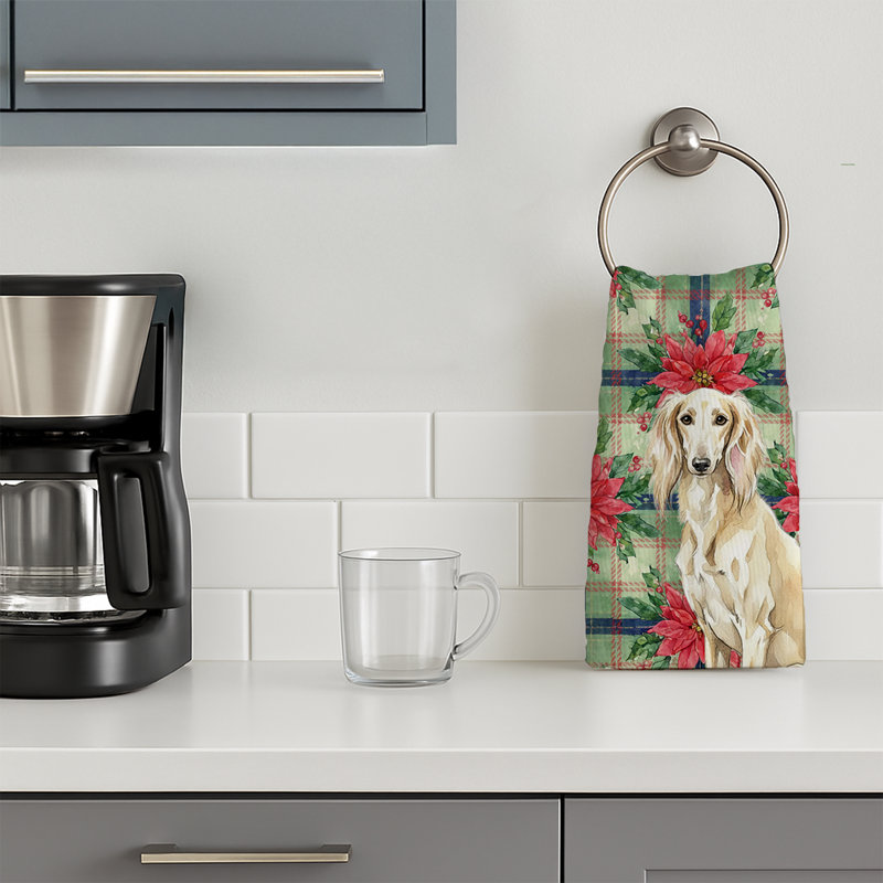 Cream Saluki Christmas PoinsettIas Kitchen Towel, Cream Saluki