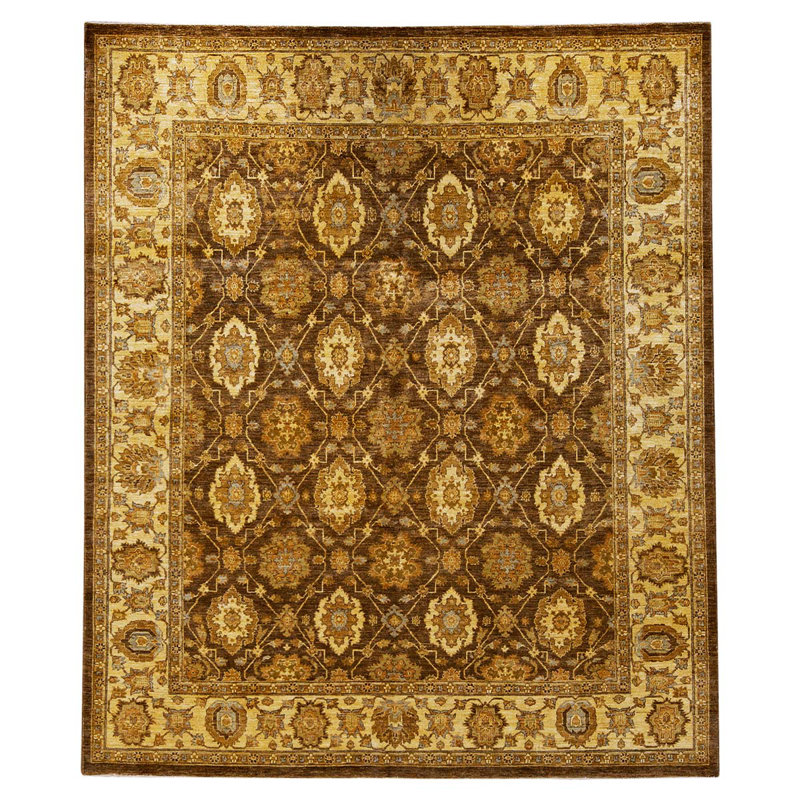 Tapis brun / beige de haute qualité noué à la main de conception unique