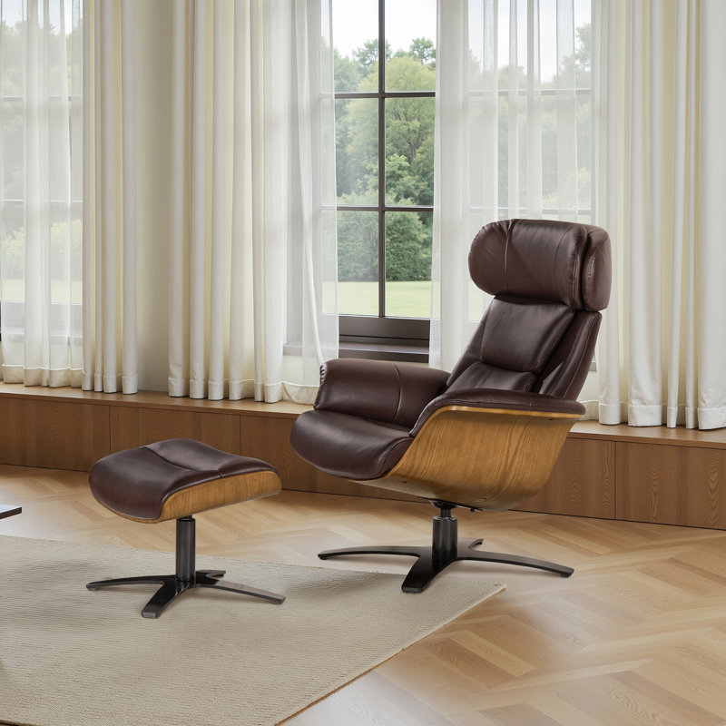 Ensemble de fauteuil inclinable et repose-pieds en cuir véritable 31,5 po Rigo, Brown Genuine Leather
