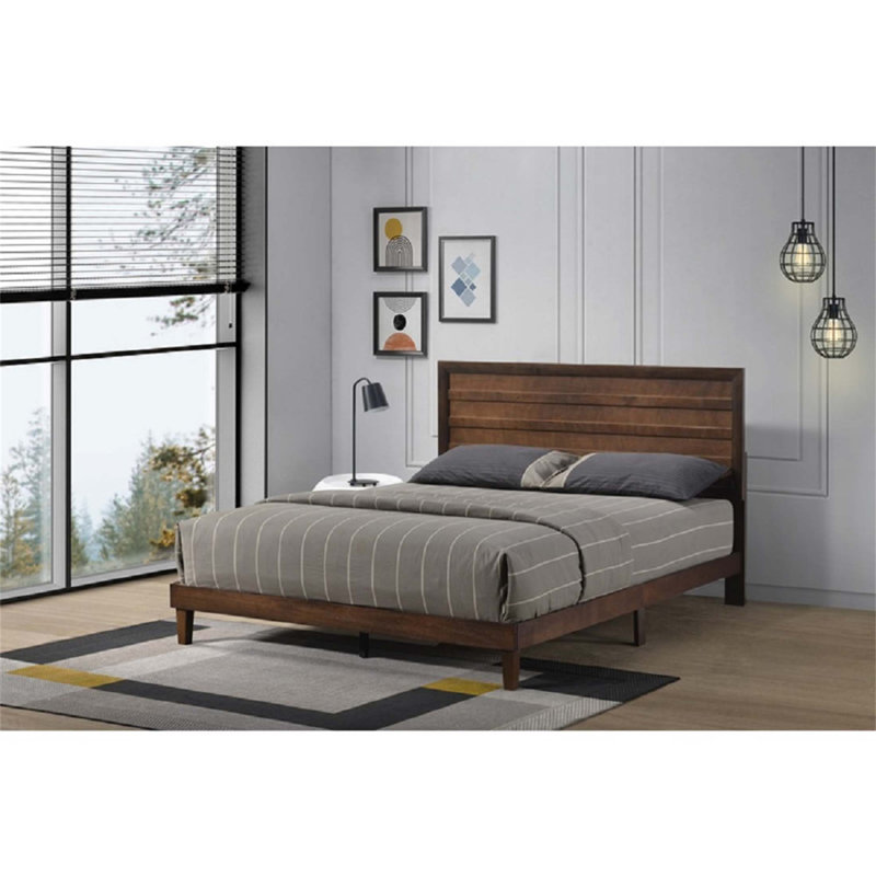 Élégant cadre de lit plateforme en bois avec tête de lit à lattes horizontale, aucune planche de sommier requise, finition grain de bois naturel (matelas non inclus)