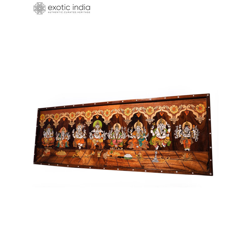 36" Attractive Ashta Ganesha Wood Panel – Natural Color Mysore Rosewood with Traditional Inlay Work, Handcrafted Hindu Spiritual Wall Art