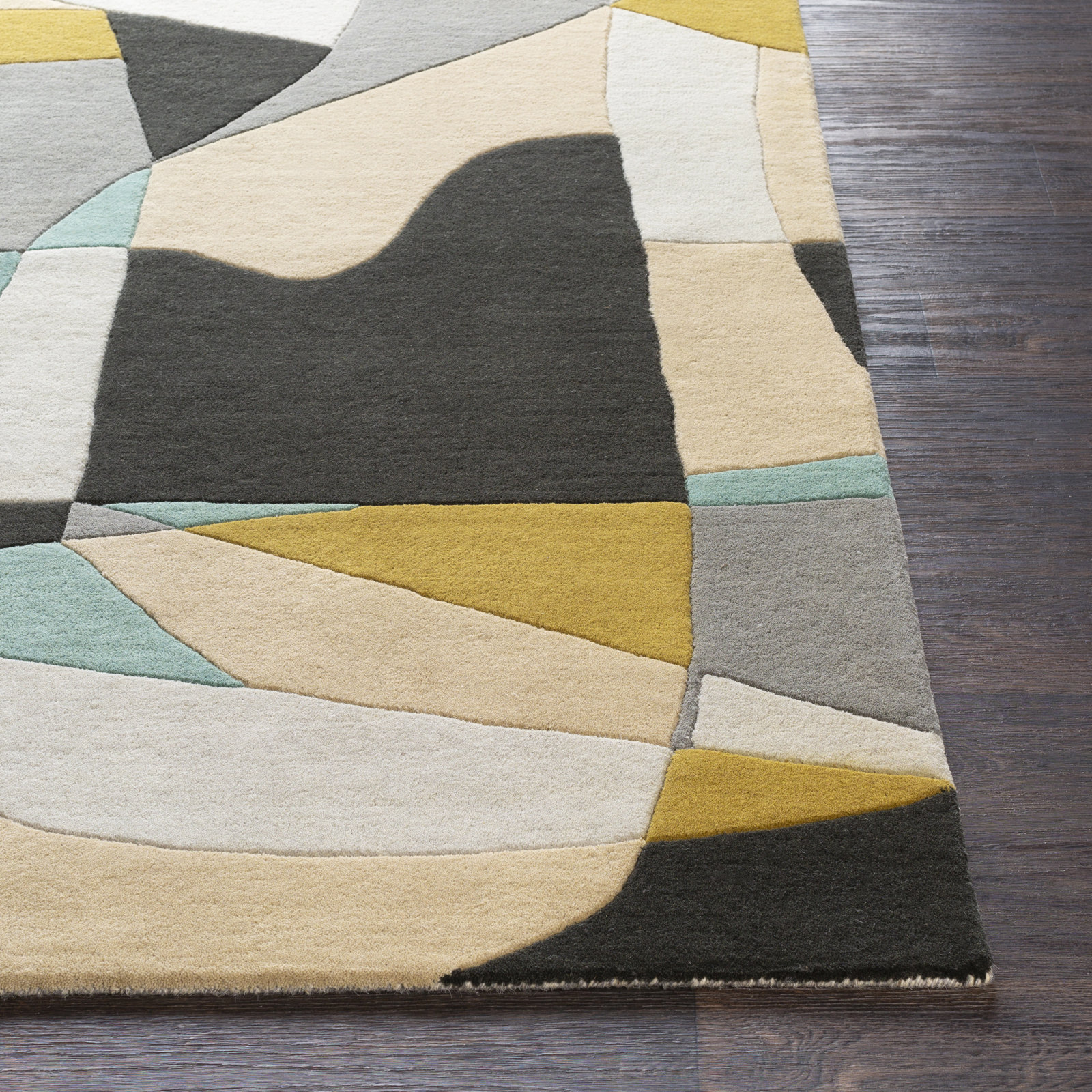 Gaye Gray Khaki Teal Hand-Tufted Geometric Rug, Square 4'
