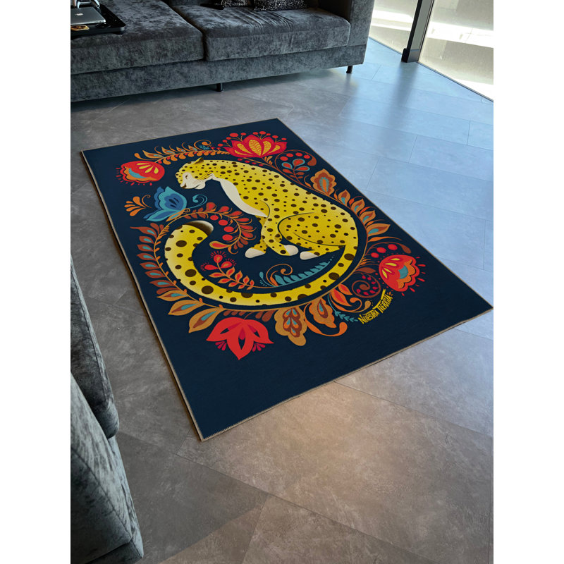 Tapis décoratif moderne à motif léopard et fleurs, Rectangle 4 pi 11,06 po x 9 pi 10,11 po