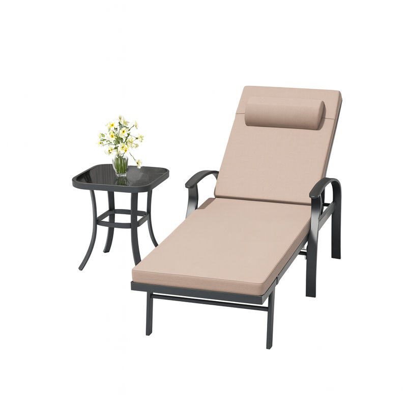 Ensemble de chaises longues d'extérieur 2 pièces en aluminium Deianna avec table d'appoint, dossier réglable et structure résistante à la rouille