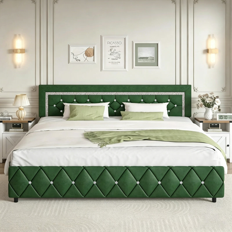 Alber Faux Leather Diamond Tufted Platform Bed with Headboard & 2 Rustic Farmhouse Nightstands Set, Barn Door End Tables with Storage Shelf