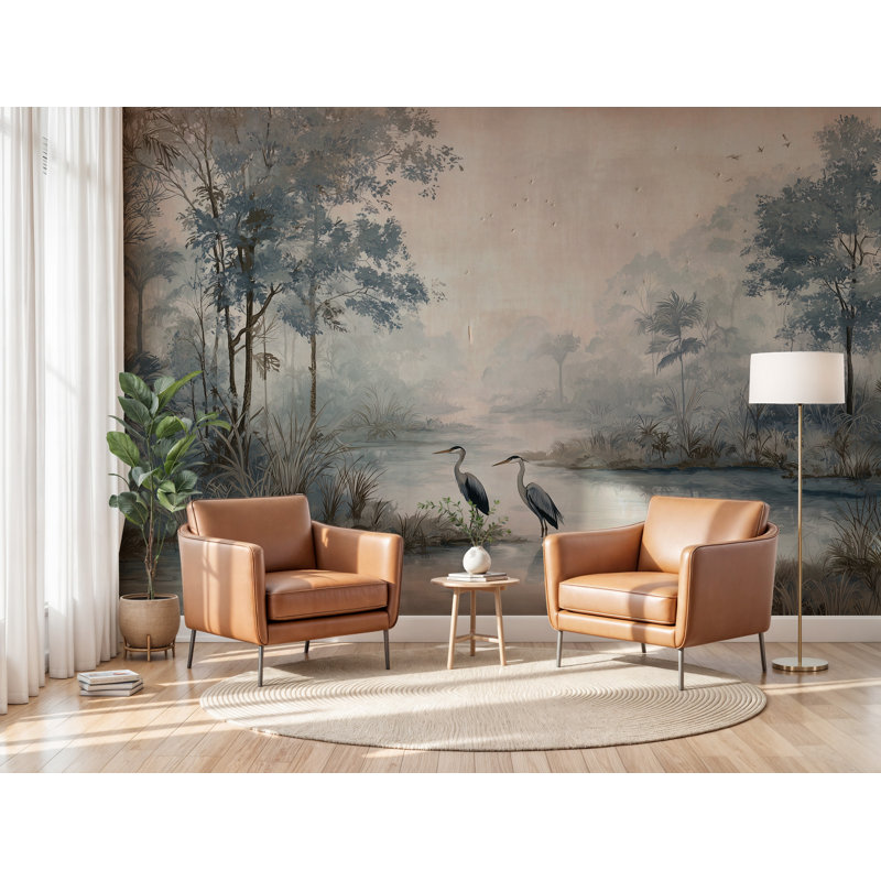 Murale forêt brumeuse | Papier peint adhésif rétro nature | Décoration murale de salon amovible, L 90 po x H 60 po