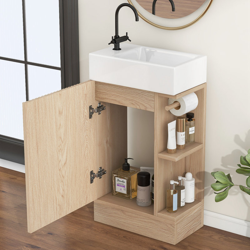 Armoire de salle de bain en bois et céramique, Naturel