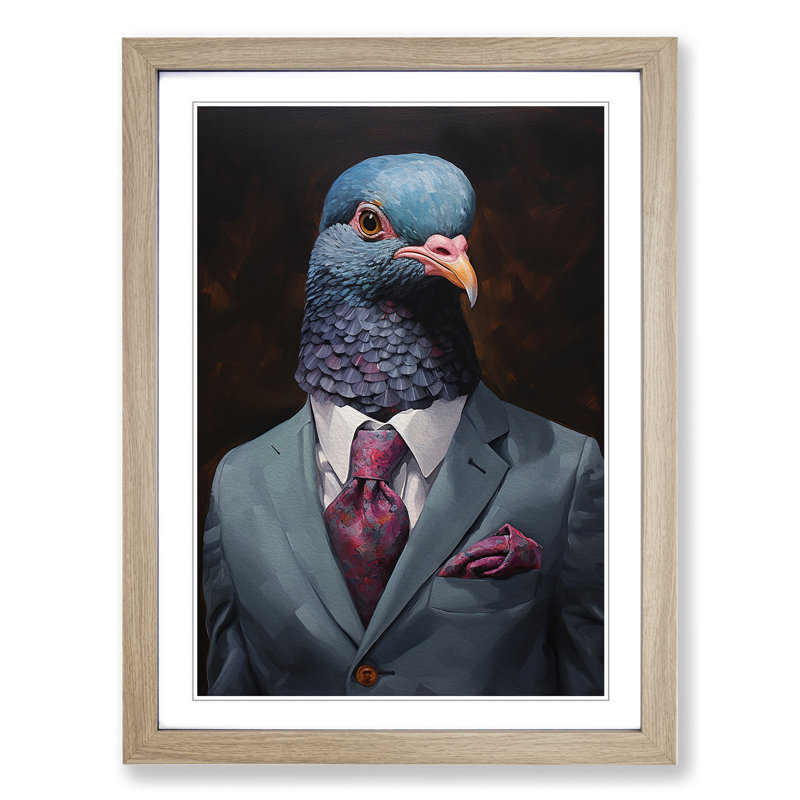 Pigeon In A Suit Painting - Single Picture Frame Print on Wood, 64" H x 46" W x 2" D, Oak