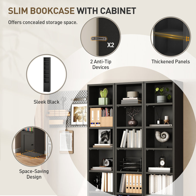 70.9'' Tall Narrow Bookshelf with Storage Cabinet, 7-Tier Skinny Corner Bookcase with Adjustable Shelves, Black
