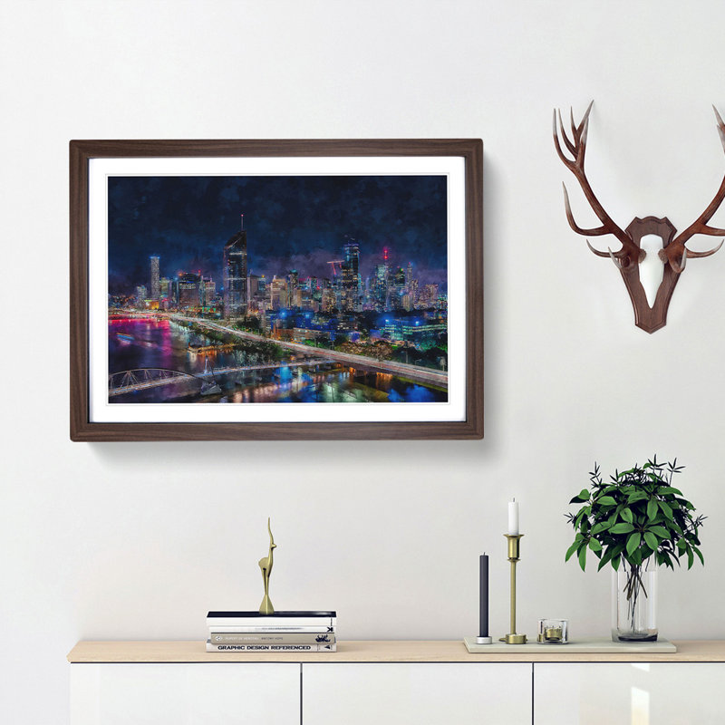 Brisbane City Skyline Australia Painting - Single Picture Frame Print on MDF, 62cm H x 87cm W x 2cm D, Walnut