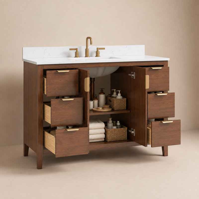 Ensemble de meuble-lavabo autoportant 48 po avec plateau en pierre reconstituée blanche et lavabo simple Ausme Asheville