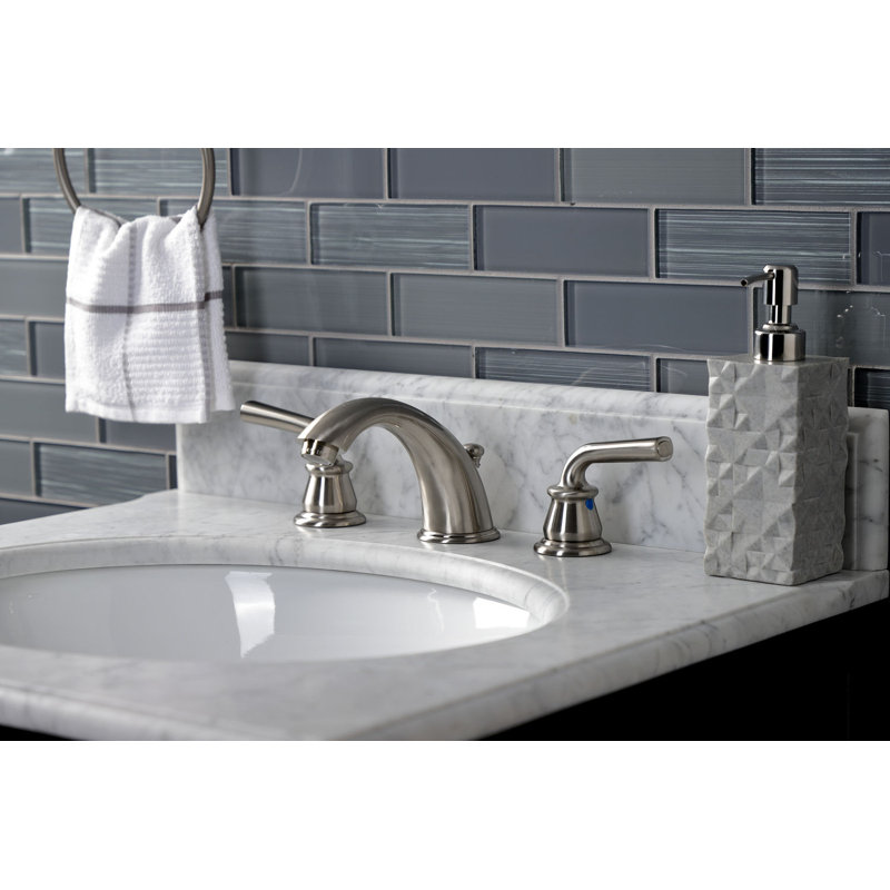 Kingston Brass Restoration Two-Handle 3-Hole Deck Mount Widespread Bathroom Faucet with Retail Pop-Up Drain, Brushed Nickel