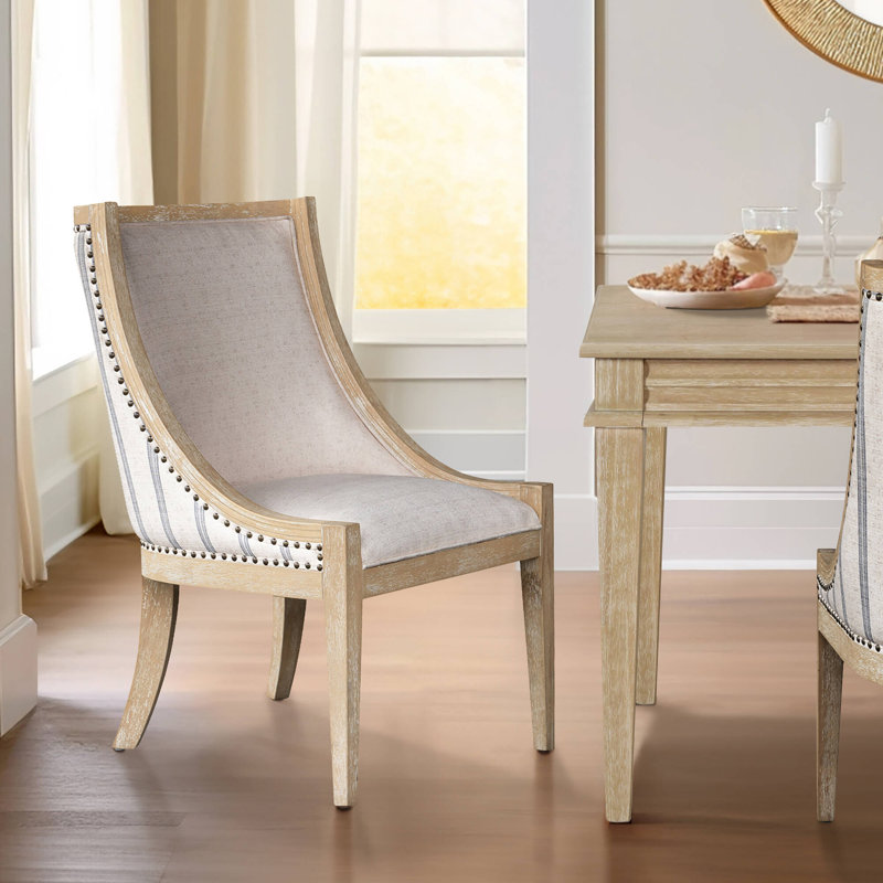 Elmcrest Beige Stripe Upholstered Dining Chair with Nailhead Trim