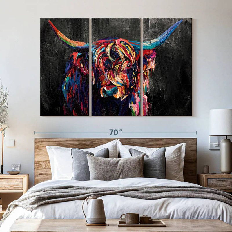 Highland Cow Highland Cow, ensemble de 3 pièces en acrylique sur toile, H 42 po x l 65 po x P 1,25 po