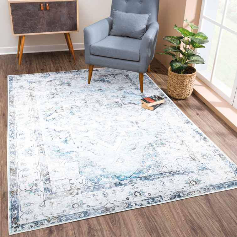 Tapis traditionnel lavable antidérapant - bleu / beige pour vestibule, couloir, salle de bain et cuisine - Ferrante