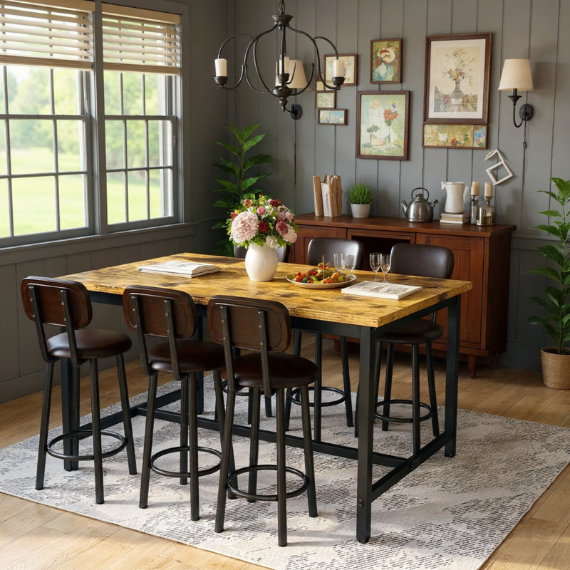 Dining Table Set For 6, 7-Piece Bar Table Set, 50" Industrial Counter Height High Top Table With 6 PU Upholstered Stools, Space-Saving Pub Table Sets For Small Space Bar, Kitchen, Restaurant