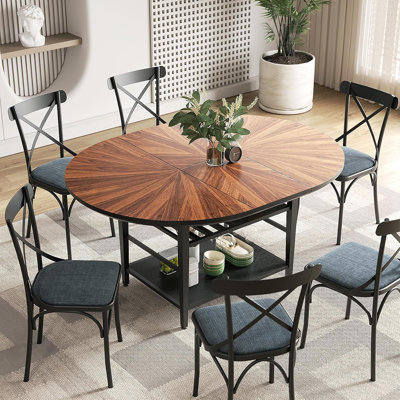 Ensemble de table de salle à manger extensible de 47 à 63 po avec tablette de rangement, plateau en bois de noyer massif et base en métal, comprend 4 chaises rembourrées