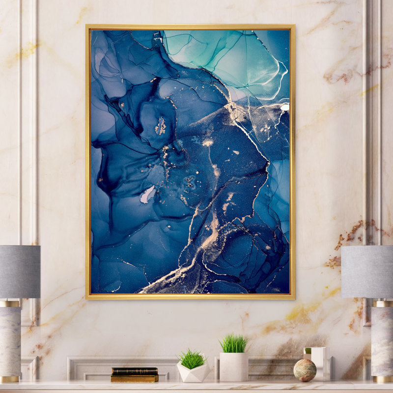 Blue Ink Clouds II - peinture sur toile, Cadre flottant doré, H 44 po x l 34 po x P 1,5 po
