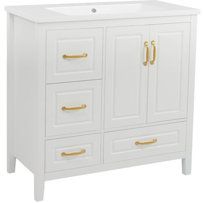 Meuble-lavabo autoportant blanc de 36 po avec lavabo en résine, 2 portes à fermeture en douceur, 4 tiroirs à fermeture en douceur, poignées en aluminium, ouverture à l'arrière pour une connexion rapide de la tuyauterie, portes à une armoire, installation écoénergétique