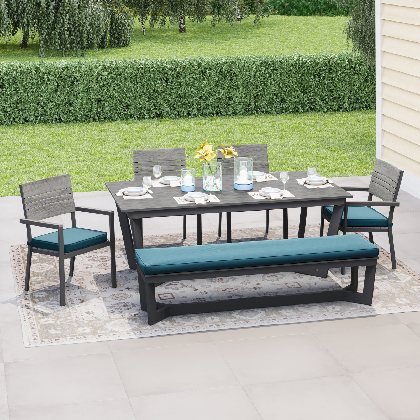 Abby 79" Patio Dining Set, Peacock/Gray