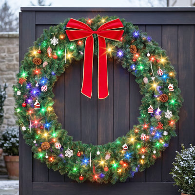 60IN Green Christmas Wreath with Bows and 11 Lighting Modes for Festive Home Decor