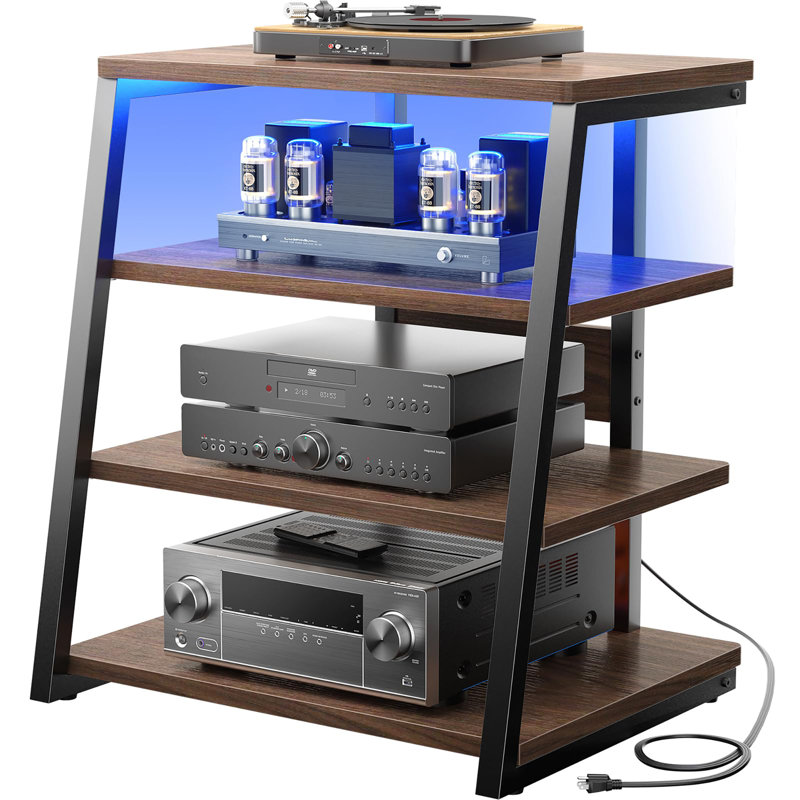 4-Tier AV Media Stand with Power Strips, Black Walnut