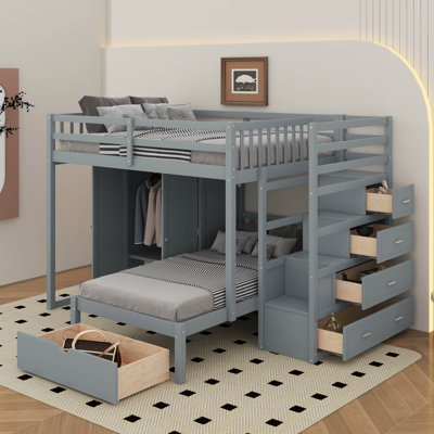 Lit superposé double au-dessus de simple avec garde-robe et tiroirs