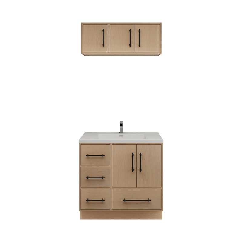Meuble-lavabo autoportant de 36 po avec lavabo en acrylique renforcé Victoria (côté droit) et armoire supérieure Victoria