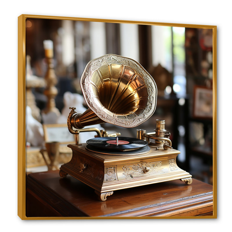 Rétro Phonograph Serenade - Phonographs, art mural, Cadre flottant doré, H 36 po x l 36 po x P 1,5 po
