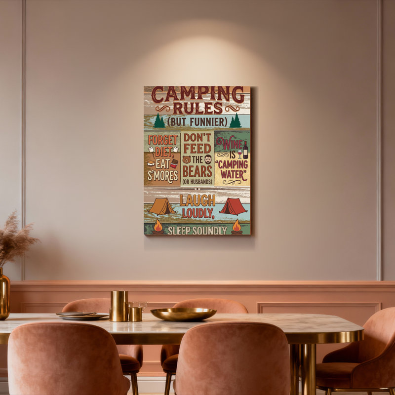 Ensemble de 1 tableau sur toile à motif de feu de camp et règles de camping, avec citations humoristiques, H 48 po x l 32 po