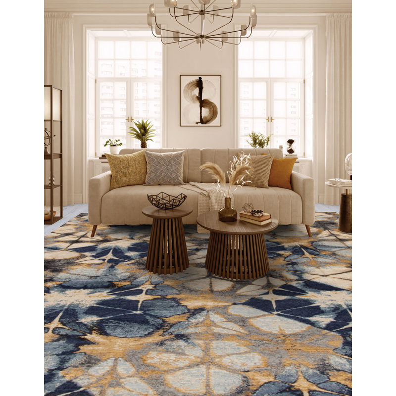 Shibori Hand Knotted Wool Area Rug in Gold/Blue/Ivory/Gray, Rectangle 10' x 14'