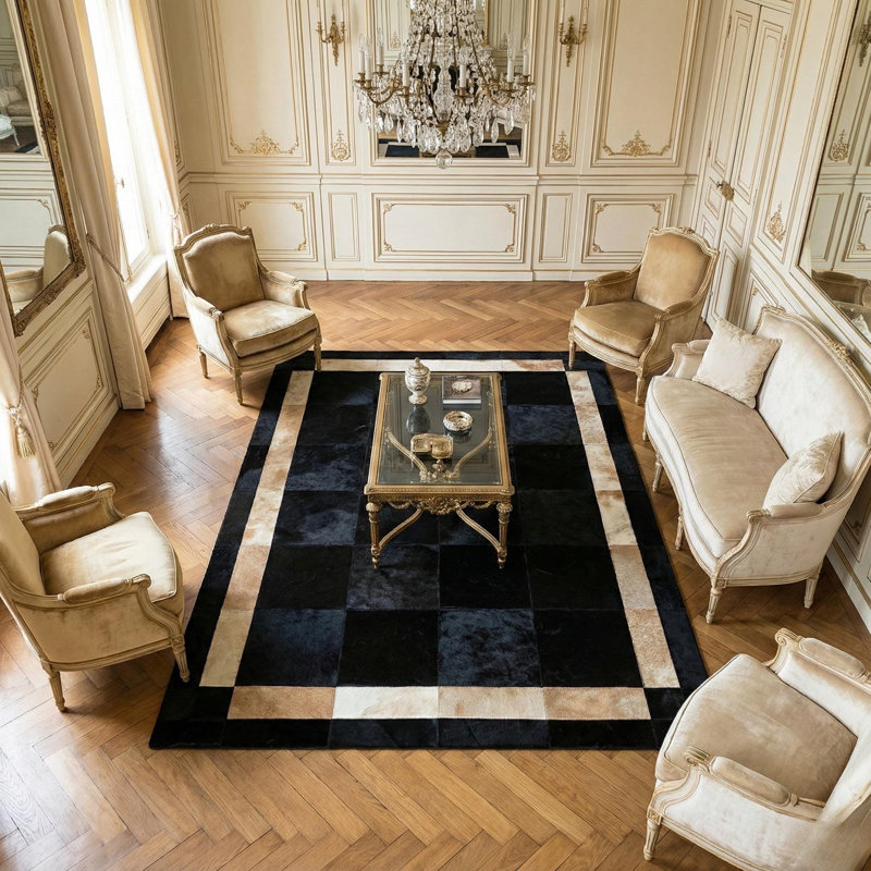 Tapis patchwork noir en cuir de vache avec bordure dorée - Tapis en cuir de luxe pour chambre à coucher, salon - Tapis de sol multi-tailles