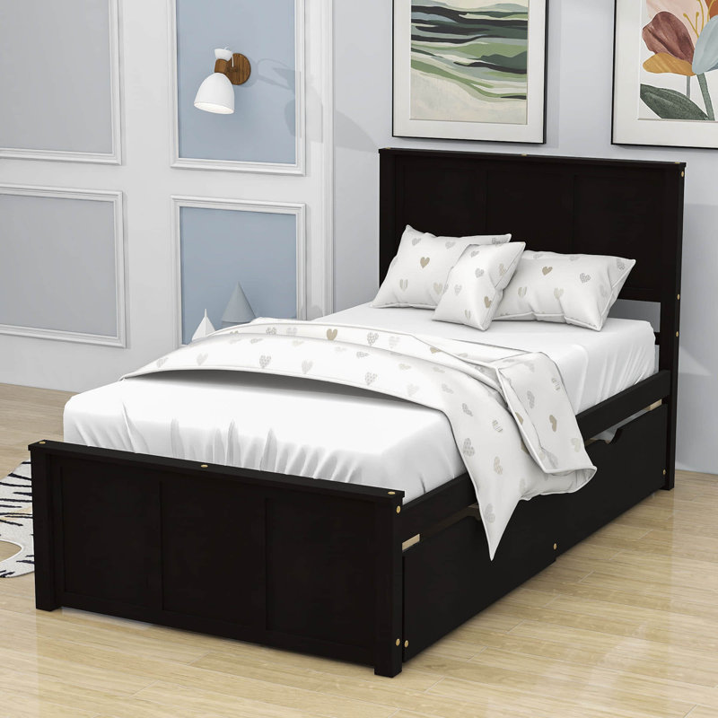 Lit plateforme simple en bois avec 2 tiroirs Elarna, Espresso