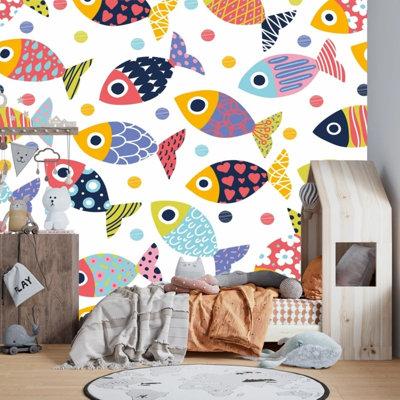 Colorful Patterned Fish School Polka Dots Playful Ocean Aquatic Wall Art Decor Print