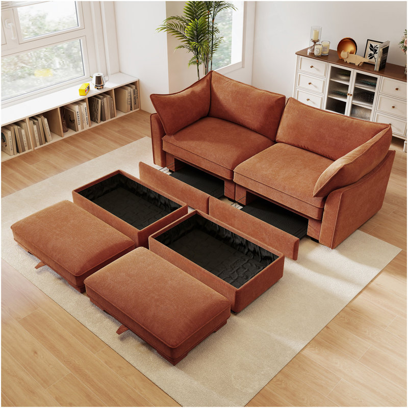 Canapé 2 places avec repose-pieds, canapé 2 places avec 2 repose-pieds mobiles, tiroir de rangement coulissant sous chaque siège, orange chenille