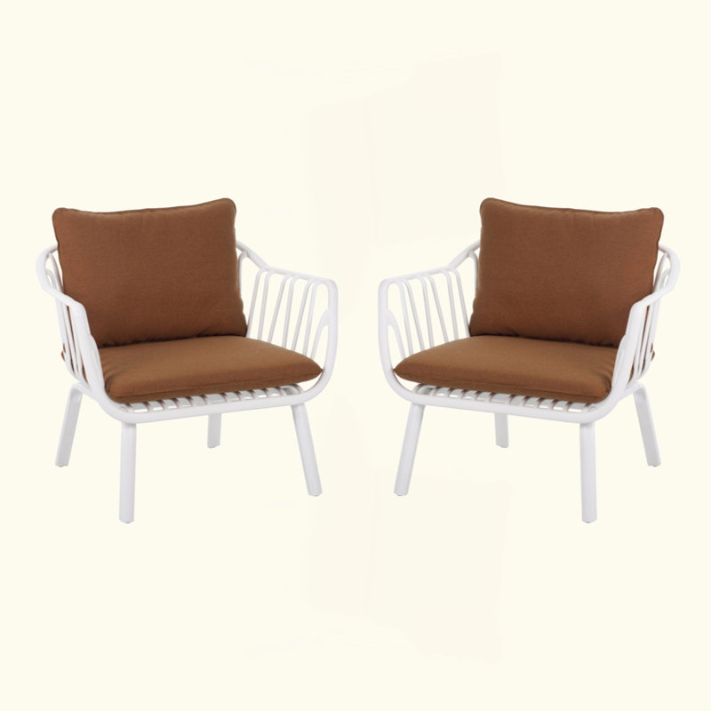 Modern Outdoor Patio PP Club Chairs, Weather-Resistant With Comfortable Cushions, Set Of 2, White/Brown