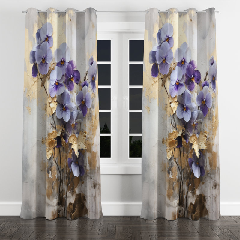 Corvena Purple and Gold Adorned Violets Meadow II - Traditional Velvet Grommet Curtain - Room Darkening - 1 Panel