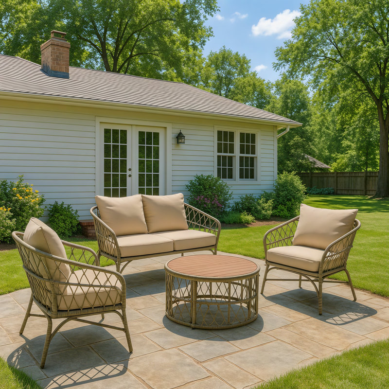 Bohemian Chic 4-Piece Wicker Outdoor Patio Sofa Seating Group With Wood Tabletop
