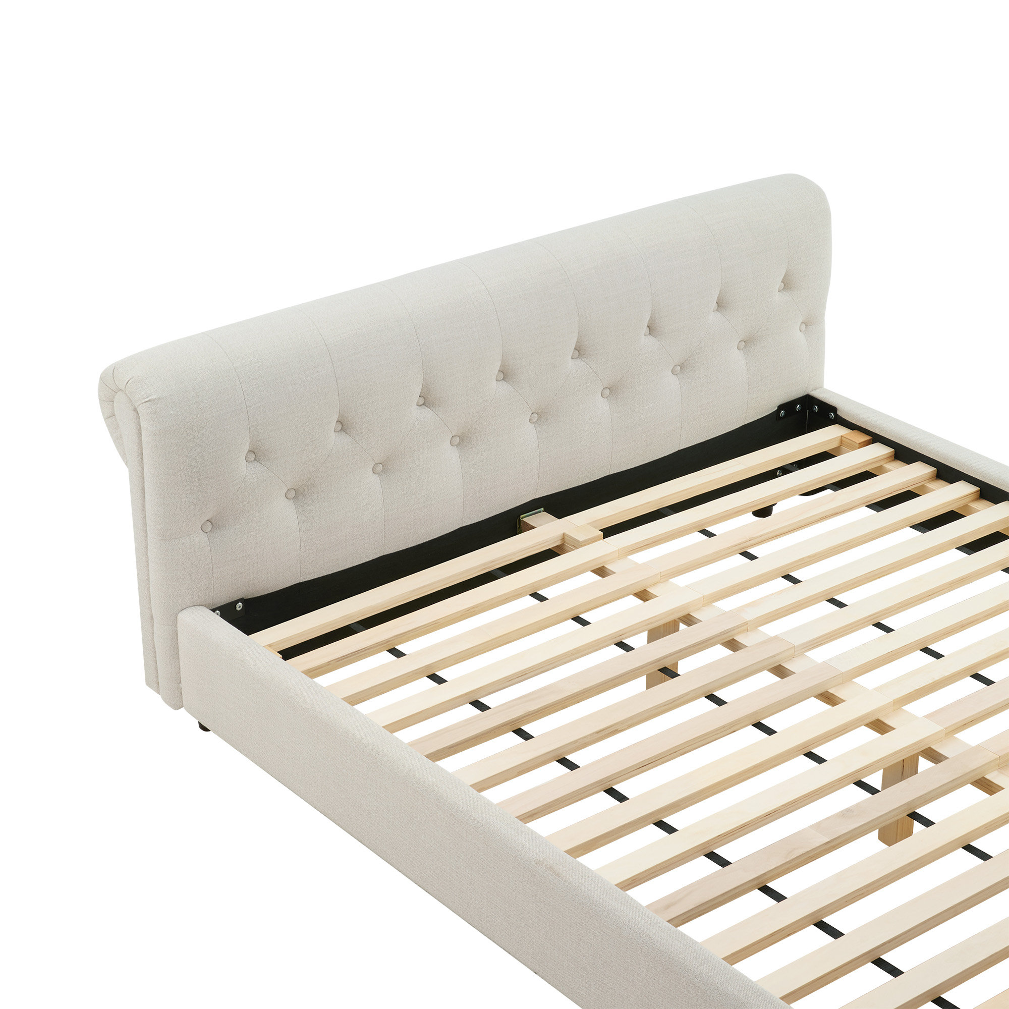 Waverly Rolled-Arm Diamond-Tufted Upholstered Platform Bed with Birch Wood Legs, Effie Linen Performance Linen, Queen