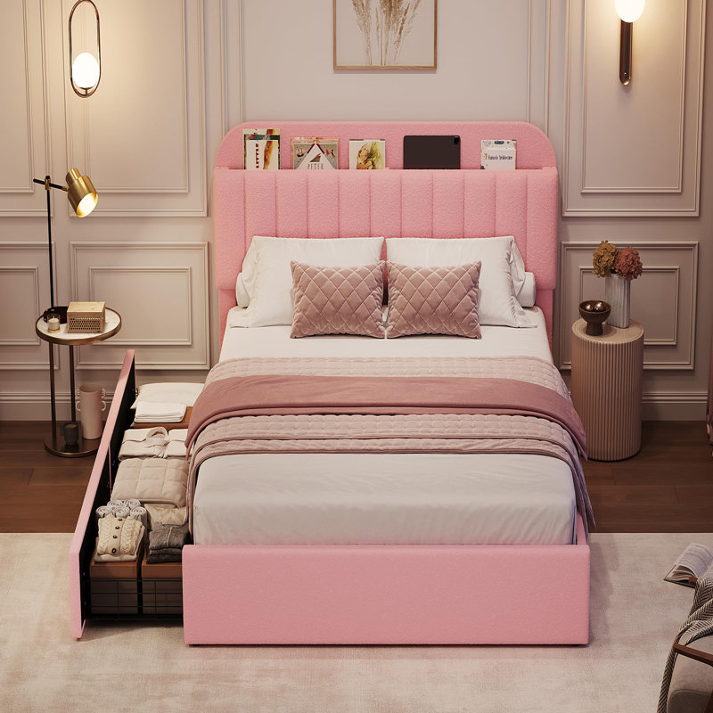 Lit plateforme simple de taille simple TG avec tête de lit à livres intégrée et deux tiroirs coulissants, lattes de soutien silencieuses, installation simple, base de matelas séparée non requise, rose